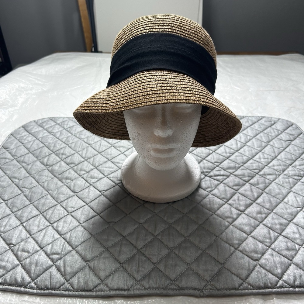 Women's Woven Straw Cloche Bucket Hat – Wide Black Band & Faux Leather